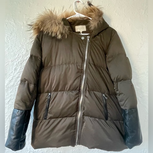 Sandro Marcie Down Puffer Jacket, Lamb Fur Hood, Leather Sleeves; size 3 / L - Picture 1 of 7